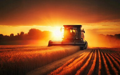 Fototapeta premium Combine harvester harvesting ripe wheat on big wheat field and tractor
