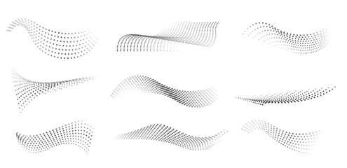 Dotted halftone waves. Abstract liquid shapes, wave effect dotted gradient texture waves isolated vector symbols set. Halftone graphic dots waves. Wave dotted halftone, creative shape abstract