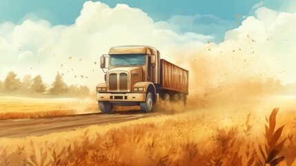 Fototapeta premium A Painting of a Truck Driving Down a Dirt Road