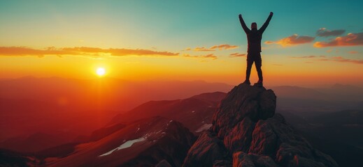Silhouette of businessman celebrating raising arms on the top of mountain with over sunset sky and sunlight.concept of leadership successful achievement with goal,growth,up,win and objective target. - obrazy, fototapety, plakaty