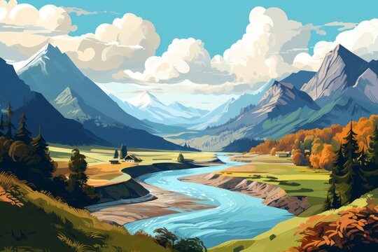 A Painting of a Mountain Valley With a River Running Through It