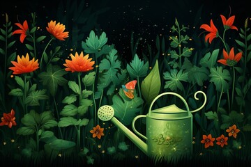A Painting of a Watering Can Surrounded by Flowers