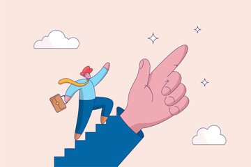 Success step concept. Stairway to achieve target. Leadership or career path growth strategy, motivation and determination to grow and success, businessman step up stairway on leader pointing hand.