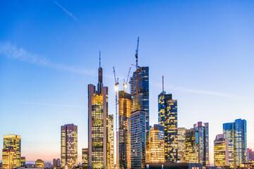 Fototapeta premium aerial view to skyline of Frankfurt with skyscraper in dawn