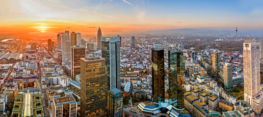 aerial view to panorama of Frankfurt in sunset - obrazy, fototapety, plakaty