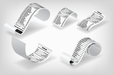 Payment check and receipts with shadows. Set of curved financial paper, purchase invoice. Buying, bill or calculate pay. Receipt the seller forms