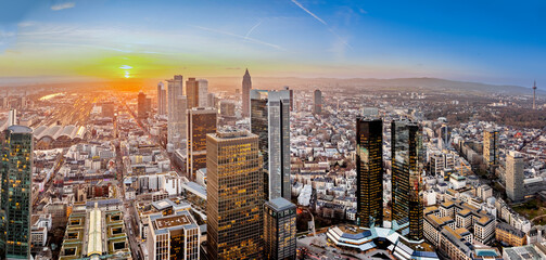 aerial view to panorama of Frankfurt in sunset