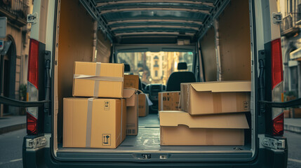 Inside of a delivery van filled with packages. Boxes stacked inside of van. Increase in package postwith modern online shopping trends.