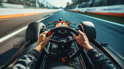 Driver's perspective from inside the racecar cockpit, hands gripping the steering wheel
