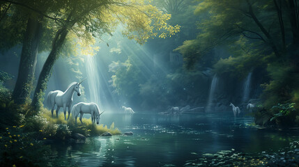 Fairy tale scene of a magical forest with unicorns