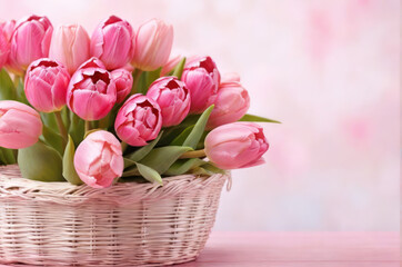 beautiful bouquet of tulips in a basket for mother's day