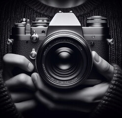 Monochrome close up of hands adjusting a SLR camera. Created with artificial intelligence - obrazy, fototapety, plakaty