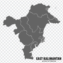 Blank map East Kalimantan  province of Indonesia. High quality map East Kalimantan with municipalities on transparent background for your web site design, logo, app, UI. Republic of Indonesia.  EPS10.