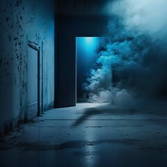 Dark street, abstract dark blue background, The concrete floor and studio room with smoke float up the interior texture for display products sport garage mood lighting Generative AI