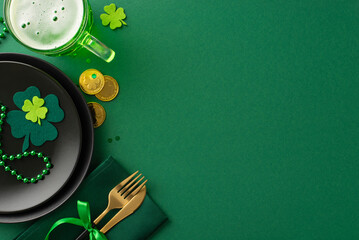 Celebrate in style at the pub for St. Patrick's: top view black plate, napkin holding knife and...