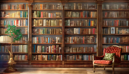Bookshelves in the library - obrazy, fototapety, plakaty