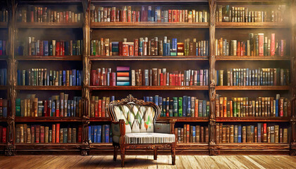 Bookshelves in the library - obrazy, fototapety, plakaty