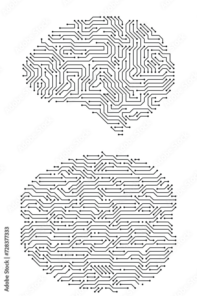 Poster circuit board brains. artificial intelligence microchip, ai chip and digital brain processor vector 