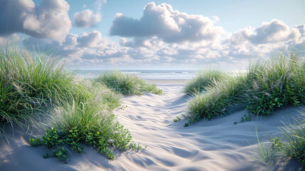 dunes covered with grass. AI generative.