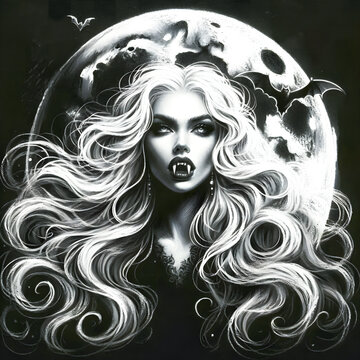 Black and White charcoal style drawing of a beautiful pale female vampire with background of full moon, exposed fangs, blood dripping 