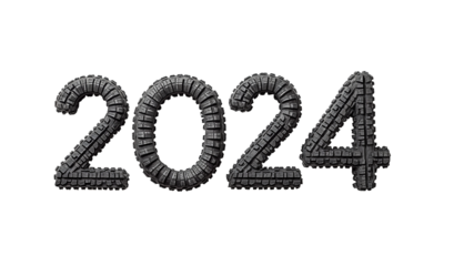 Creative 2024 text design made from interlocking tire treads on a transparent background, concept for automotive industry themes