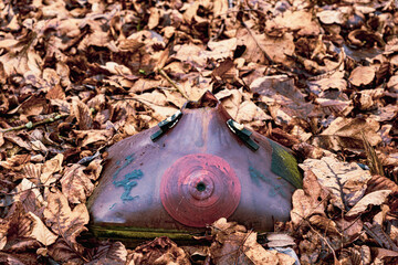 Broken Cathode Electron Beam Tube of Old TV, shattered television trash in the woods, littering in...