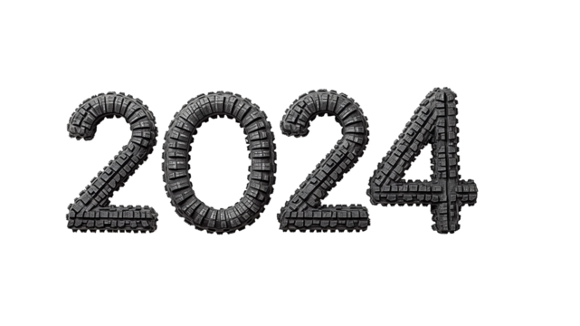 Creative 2024 text design made from interlocking tire treads on a transparent background, concept for automotive industry themes