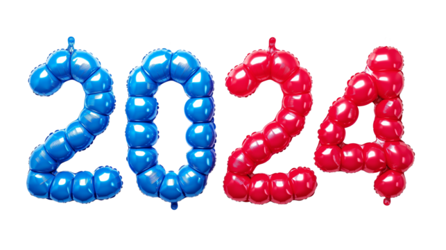 Colorful blue and red foil balloons forming the numbers 2024 isolated on a transparent background, suitable for celebratory events, anniversaries and elections