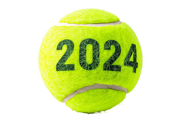 Bright neon tennis ball with the year 2024 printed on it, isolated on a transparent background, symbolizing active lifestyle concepts related to tennis events