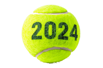 Bright neon tennis ball with the year 2024 printed on it, isolated on a transparent background, symbolizing active lifestyle concepts related to tennis events