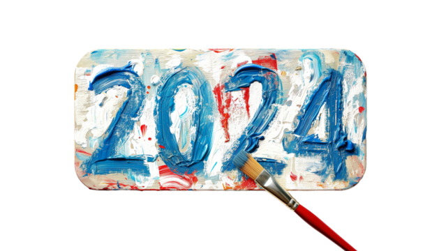 Creative concept of painting 2024 year number with a brush on a textured transparent background, artistic and colorful representation
