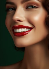 Portrait of happy women with perfect smile with nice white teeth and red lipstick. Generative Ai.