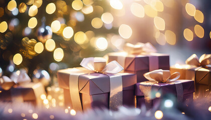 Purple gifts or presents with blurred confetti and sparkles, celebration and christmas concept
