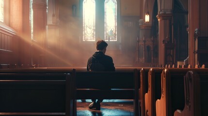 Young man seated on a pew inside a church, engaged in prayer, reflection or worship. - obrazy, fototapety, plakaty