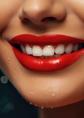Obraz premium Portrait of happy women with perfect smile with nice white teeth and red lipstick. Generative Ai.