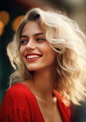 Fototapeta premium Portrait of happy women with perfect smile with nice white teeth and red lipstick. Generative Ai.