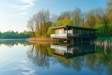 Obraz premium Stylish eco lodge on the shores of a tranquil lake, reflecting the surrounding spring scenery.