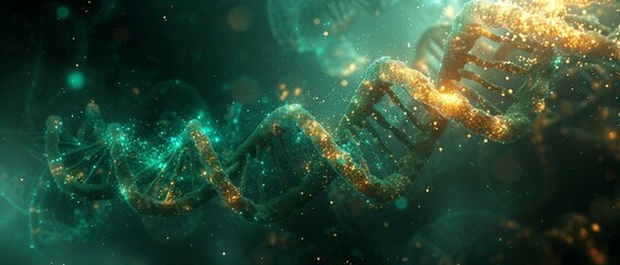 Fototapeta na wymiar a symmetrical background with intertwining double helix structures of DNA, incorporating glowing double helix structures in shades of cosmic teal, biotech green, and genetic gold. in Healthcare Fusion