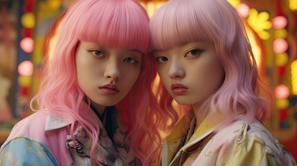 Obraz premium Group of asian girls with pink hair and pink suits