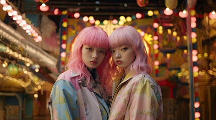 Obraz premium Group of asian girls with pink hair and pink suits