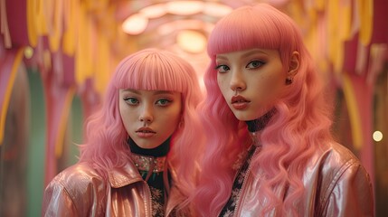 Obraz premium Group of asian girls with pink hair and pink suits