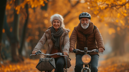 An energetic senior couple embraces a healthy lifestyle, joyfully cycling together in a sunny public park.