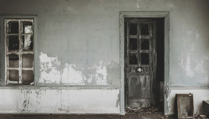 Abadoned corridor with a wooden door and a window, aged and weathered room