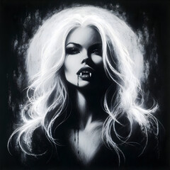 Black and White charcoal style drawing of a beautiful pale female vampire with background of full moon, exposed fangs, blood dripping 