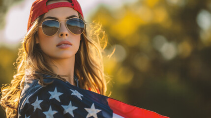 portrait of beautiful girl with american flag in sunglasses on blurred background