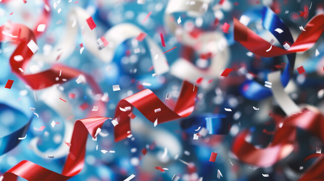 Red and blue ribbons on a blue background, close-up
