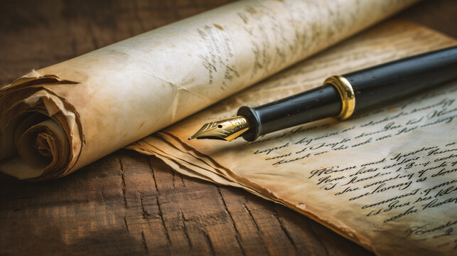 Vintage fountain pen and old paper scroll on a wooden table.