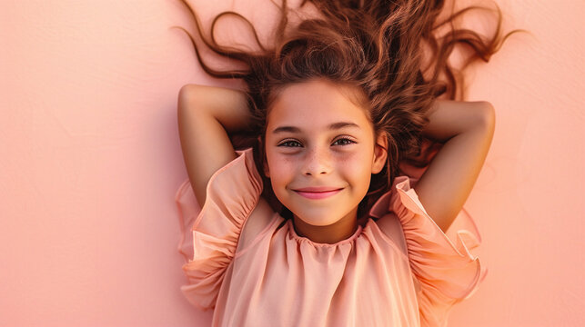 Portrait of a beautiful little girl with long hair lying on the pink wall