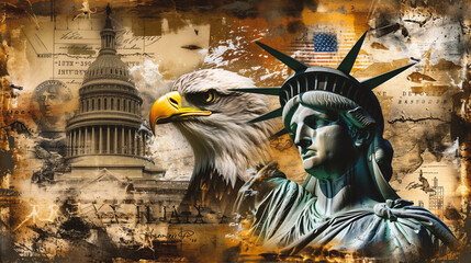 American eagle with United States of America flag and Statue of Liberty background - obrazy, fototapety, plakaty