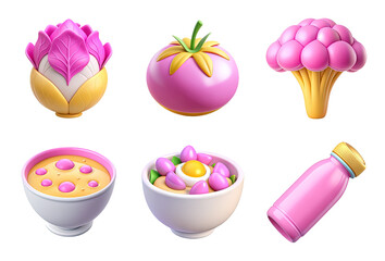 Grocery icon set, 3D render style, isolated on white or transparent background, cutout.